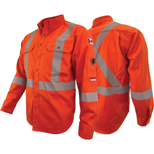 Chandail de travail &agrave; manches longues ignifuge et r&eacute;sistant &agrave; l'arc &eacute;lectrique avec bandes de 2" Atlas Guardian, T-petit, Orange haute visibilit&eacute; Nia-Chem Ltd.