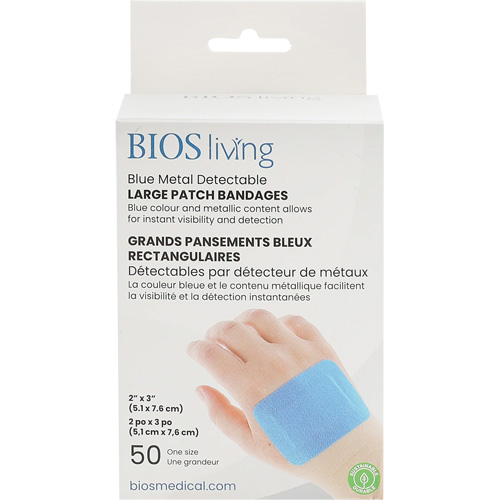 Blue Large Patch Bandages, Rectangular/Square, 3", Fabric Metal Detectable, Sterile Nia-Chem Ltd.