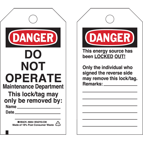 Lockout Tags, Plastic, 3" W x 5-3/4" H, English Nia-Chem Ltd.