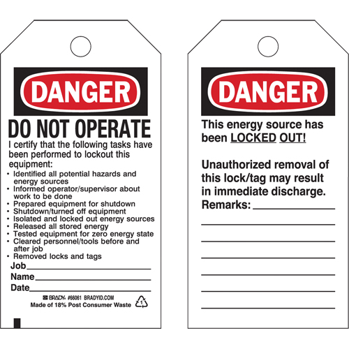 Lockout Tags, Plastic, 3" W x 5-3/4" H, English Nia-Chem Ltd.