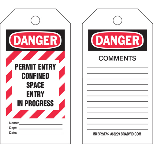 "Confined Space" Tags, Polyester, 3" W x 5-3/4" H, English Nia-Chem Ltd.