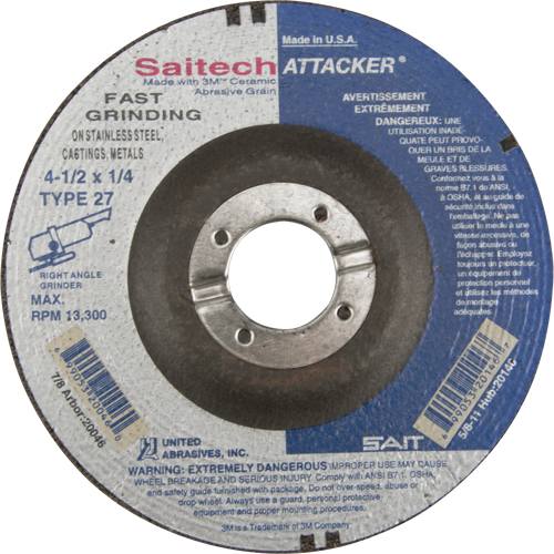 Saitech Attacker&reg; Fast Grinding Wheel, 4-1/2" x 1/4", 7/8" Arbor, Aluminum Oxide/Ceramic, Type 27 Nia-Chem Ltd.