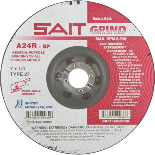 A24R Long Life Grinding Wheel, 7" x 1/4", 7/8" Arbor, Aluminum Oxide, Type 27 Nia-Chem Ltd.