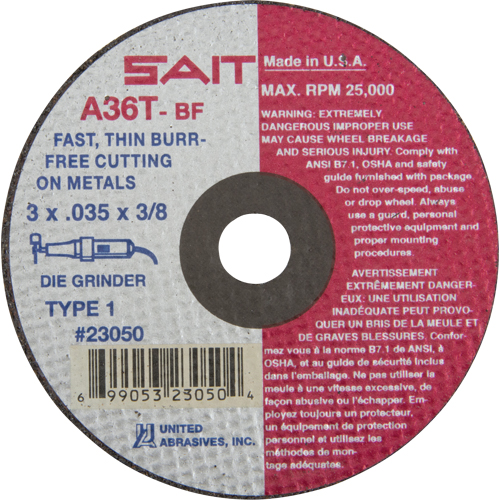 Cut-Off Wheel (A36T), 3" x 0.035", 3/8" Arbor, Type 27, Aluminum Oxide, 25000 RPM Nia-Chem Ltd.