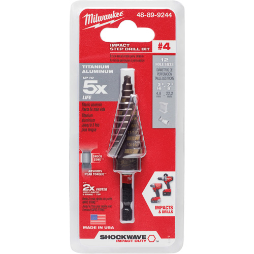 #4 Shockwave Impact Duty Step Drill Bit, 3/16" - 7/8" , 1/16" Increments, Titanium Nia-Chem Ltd.