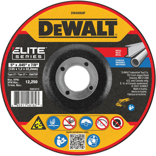 Meule de tronçonnage des m&eacute;taux s&eacute;rie Elite, 5" x 0,045", Arbre 7/8", Alumine de zirconium, Type 27 Nia-Chem Ltd.