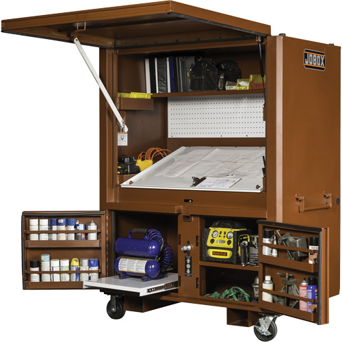 Coffre de chantier et surface de travail sur le terrain, 33" la x 63" p x 80" h, Acier, Rouge Nia-Chem Ltd.
