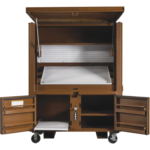 Coffre de chantier et surface de travail sur le terrain, 33" la x 63" p x 80" h, Acier, Rouge Nia-Chem Ltd.