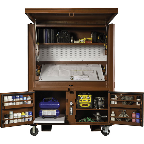 Coffre de chantier et surface de travail sur le terrain, 33" la x 63" p x 80" h, Acier, Rouge Nia-Chem Ltd.