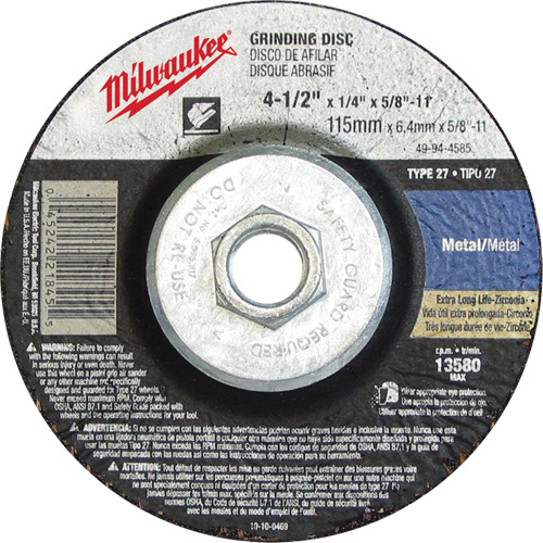 Grinding Wheel, 4-1/2" x 1/8", 5/8"-11 Arbor, Aluminum Oxide, Type 27 Nia-Chem Ltd.
