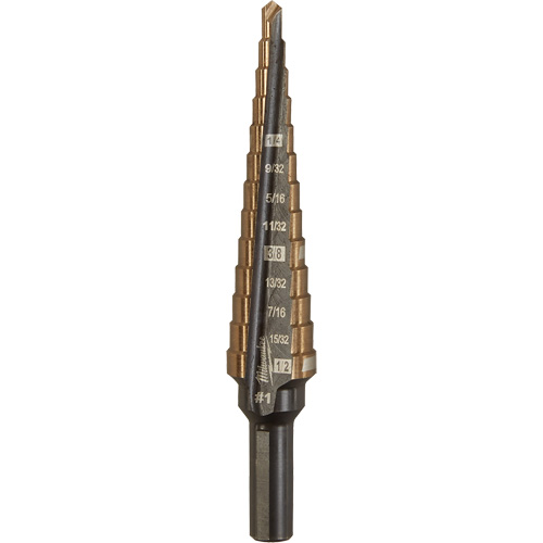 Step Drill Bit, 1/8"/#1 - 1/2"/#1 , 1/32" Increments, High Speed Cobalt Nia-Chem Ltd.
