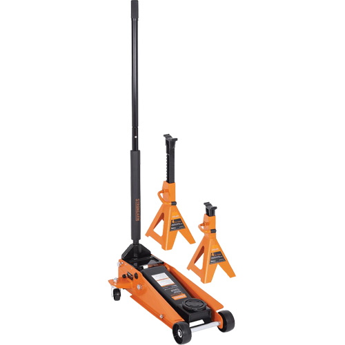 Cric datelier 4 tonnes avec paires de chandelles pour v&eacute;hicule de 3 tonnes, 3,5 tonne(s) Capacit&eacute;, 5-1/8" Abaiss&eacute;e, 21" &eacute;lev&eacute;e, Hydraulique &agrave; main Nia-Chem Ltd.