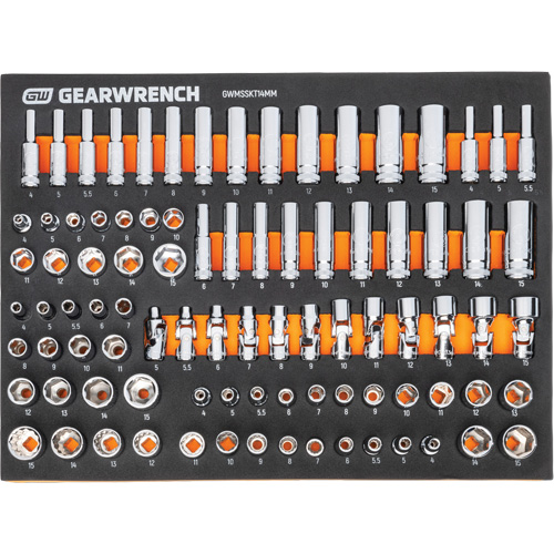 Jeu d'outils m&eacute;triques pour m&eacute;canicien MEGAMOD dans des plateaux en mousse modulaire avec armoire roulante &agrave; outils, 358 morcea Nia-Chem Ltd.