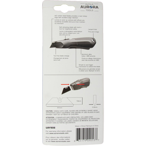 Couteau de s&eacute;curit&eacute; r&eacute;tractable , Acier inoxydable, Robuste, Prise en Plastique/Aluminium Nia-Chem Ltd.