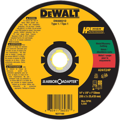 High Performance Cutting Wheel for Circular Saws, 14" x 1/8" Arbor, Aluminum Oxide Nia-Chem Ltd.