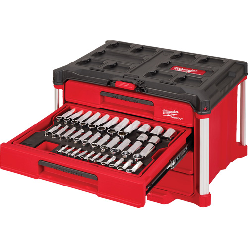 Ensemble de 242 pi&egrave;ces de douilles et cliquets m&eacute;triques et SAE 1/4", 3/8" et 1/2" avec boîte &agrave; outils PACKOUT &agrave; 4 tiroirs, 16-3/10" x 22-1/5" x 14-3/10", Noir/Rouge Nia-Chem Ltd.