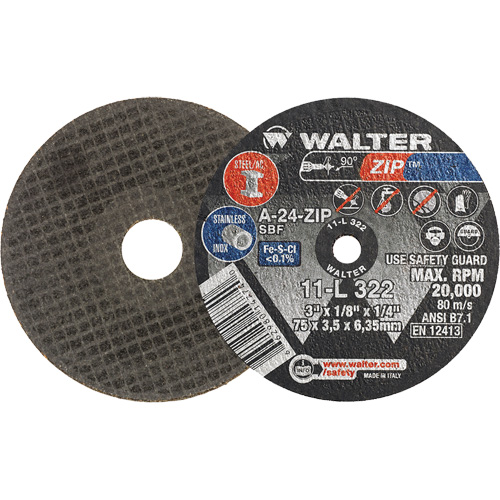 Zip Cut-Off Wheel, 3" x 1/8", 1/4" Arbor, Type 1, Aluminum Oxide, 25470 RPM Nia-Chem Ltd.