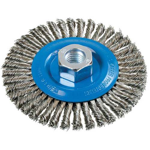 Brosse &agrave; fils nou&eacute;s pour cordons de soudure, Dia. 4-1/2", Fils 0,02", Arbre 5/8"-11, Aluminium/Acier inoxydable Nia-Chem Ltd.