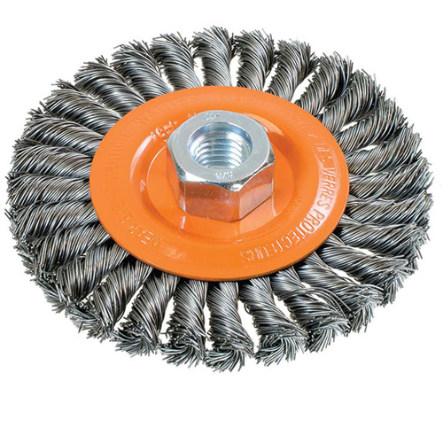 Brosse rotative &agrave; fils nou&eacute;s large, Dia. 4-1/2", Fils 0,02", Arbre 5/8"-11, Acier Nia-Chem Ltd.