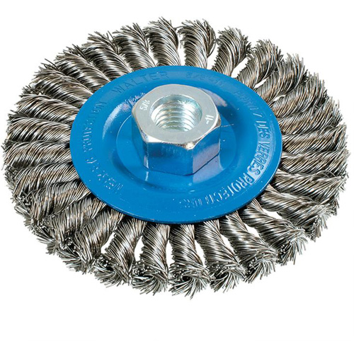 Wide Knotted Wire Wheel Brush, 4-1/2" Dia., 0.02" Fill, 5/8"-11 Arbor, Aluminum/Stainless Steel Nia-Chem Ltd.