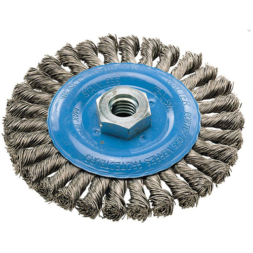Wide Knotted Wire Wheel Brush, 5" Dia., 0.02" Fill, 5/8"-11 Arbor, Aluminum/Stainless Steel Nia-Chem Ltd.
