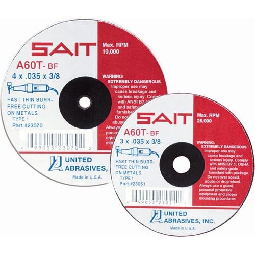 Meule &agrave; tronçonner, 4" x 0,045", Arbre de 5/8", Type 27, Oxyde d'aluminium, 13500 Tr/min Nia-Chem Ltd.