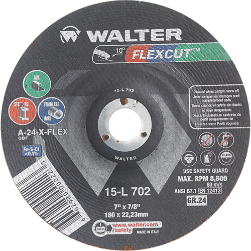 Meules &agrave; moyeu d&eacute;port&eacute; Flexcut, 7", 24 Grain, Oxyde d'aluminium, 7/8", 8600 Tr/min, Type 29 Nia-Chem Ltd.