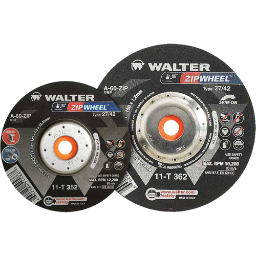 Spin-On Zipcut Right Angle Grinder Reinforced Cut-Off Wheels, 5" x 7/8", 5/8"-11 Arbor, Type 27, Aluminum Oxide, 12200 RPM Nia-Chem Ltd.