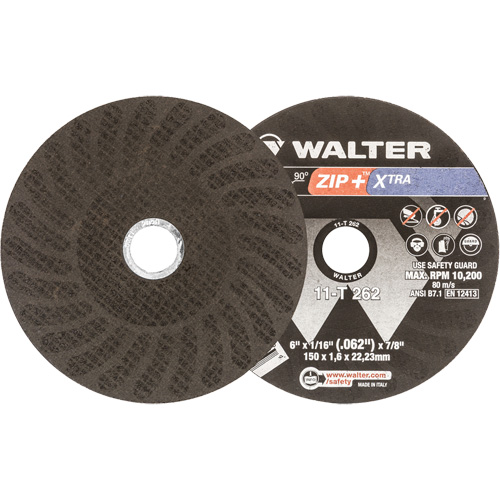 Meules &agrave; tronçonner renforc&eacute;es Zip+ pour meuleuse &agrave; angle droit, 6" x 1/16", Arbre de 7/8", Type 1, Oxyde d'aluminium, 10 200 Tr/min Nia-Chem Ltd.