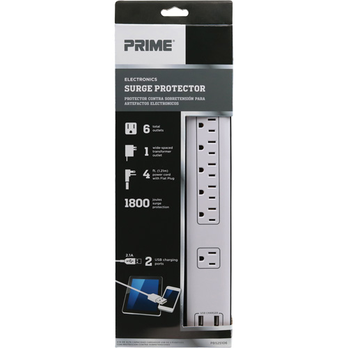 Limiteurs de surtension avec chargeur USB, 6 Prises, 1800 J, 1875 W, Cordon 4' Nia-Chem Ltd.