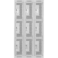 Clean Line Lockers, 3 -tier, Bank of 3, 36" x 12" x 72", Steel, Grey, Rivet (Assembled), Perforated Nia-Chem Ltd.