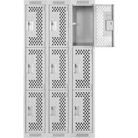 Clean Line Lockers, 3 -tier, Bank of 3, 36" x 12" x 72", Steel, Grey, Rivet (Assembled), Perforated Nia-Chem Ltd.