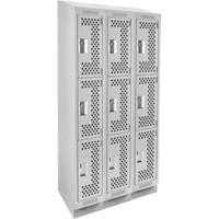 Clean Line Lockers, 3 -tier, Bank of 3, 36" x 18" x 82", Steel, Grey, Rivet (Assembled), Perforated Nia-Chem Ltd.