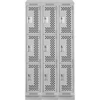 Clean Line Lockers, 3 -tier, Bank of 3, 36" x 18" x 82", Steel, Grey, Rivet (Assembled), Perforated Nia-Chem Ltd.