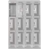 Clean Line Lockers, 3 -tier, Bank of 4, 48" x 18" x 82", Steel, Grey, Rivet (Assembled), Perforated Nia-Chem Ltd.