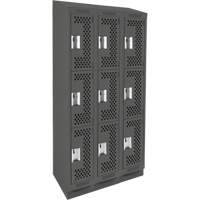 Clean Line Lockers, 3 -tier, Bank of 3, 36" x 18" x 82", Steel, Charcoal, Rivet (Assembled), Perforated Nia-Chem Ltd.