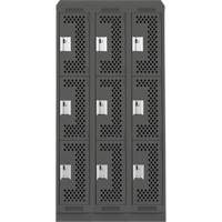 Clean Line Lockers, 3 -tier, Bank of 3, 36" x 18" x 82", Steel, Charcoal, Rivet (Assembled), Perforated Nia-Chem Ltd.