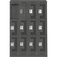 Clean Line Lockers, 3 -tier, Bank of 4, 48" x 18" x 82", Steel, Charcoal, Rivet (Assembled), Perforated Nia-Chem Ltd.