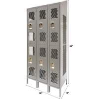 Vented Lockers, 2 -tier, Bank of 3, 36 x 18" x 88", Steel, Grey, Knocked Down, Perforated Nia-Chem Ltd.
