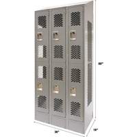 Vented Lockers, 2 -tier, Bank of 3, 36 x 18" x 88", Steel, Grey, Knocked Down, Perforated Nia-Chem Ltd.