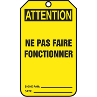 &eacute;tiquettes de verrouillage, Papier cartonn&eacute;, 3-1/8" la x 5-7/8" h, Français Nia-Chem Ltd.