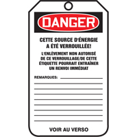 &eacute;tiquettes de verrouillage, Plastique, 3-3/8" la x 5-7/8" h, Français Nia-Chem Ltd.