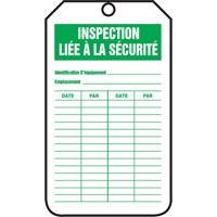 &eacute;tiquettes de s&eacute;curit&eacute; d'inspection et de contr&ocirc;le de l'&eacute;tat de l'&eacute;quipement, Plastique, 3-1/8" la x 5-7/8" h, Français Nia-Chem Ltd.