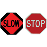 Panneau de signalisation &agrave; deux c&ocirc;t&eacute;s  Stop/Slow , 18" x 18", Plastique, Anglais avec pictogramme Nia-Chem Ltd.