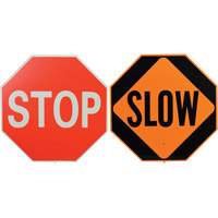 Double-Sided "Stop/Slow" Traffic Control Sign, 18" x 18", Plastic, English with Pictogram SEJ662 | Nia-Chem Ltd.