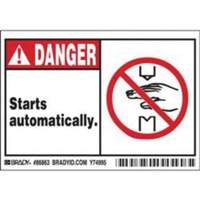 Enseigne Danger Starts Automatically, 3-1/2" x 5", Polyester, Anglais avec pictogramme Nia-Chem Ltd.